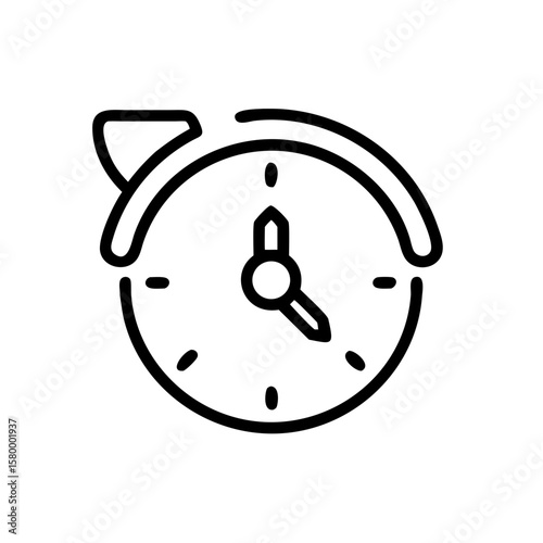 Outline drawing of a clock with a bell on top and short hands indicating the time on a white background