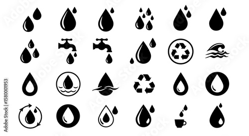 Collection of water icons presents conservation and sanitation, offering a versatile design for various ecological and environmental projects.