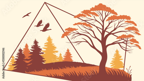 Autumn landscape illustration with trees birds and triangle frame vector graphic design for fall season 100