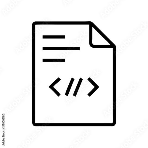 Illustration of a document with coding symbols and lines representing text on a white background view