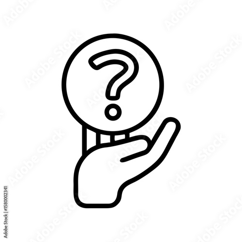 Hand holding a question mark inside a circle in a simple line art style vector illustration design