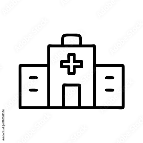 Illustration of a hospital building with a cross on the facade in black outline drawing style design