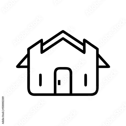 A minimalist line drawing of a house with a distinctive roof and a simple door and window design element