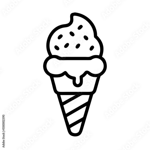 Outline drawing of a single ice cream cone with topping and a cone with diagonal lines on a white background