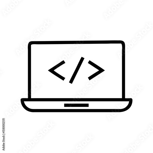 Laptop displaying coding symbols in black and white outline style for software development concept use