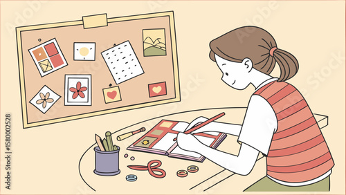 Girl creating in her scrapbook at a table with a bulletin board full of pictures and crafts behind her