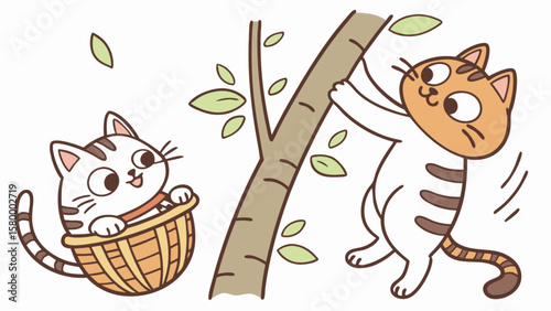 Cute cartoon cats playing outdoors in a tree and basket vector illustration for kids and animal lovers