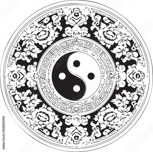 Yin yang symbol on white background with vintage floral mandala design