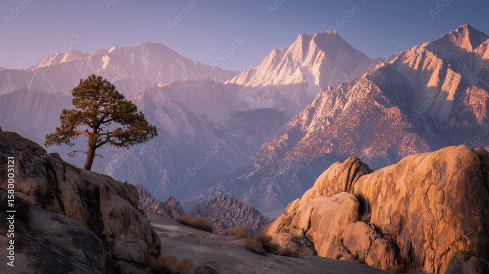 Obraz premium Lone pine tree silhouetted against majestic snow capped mountains at sunrise