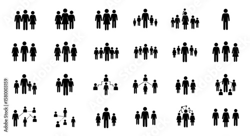 Collection of black vector people icons showing different groups and family arrangements on a white background