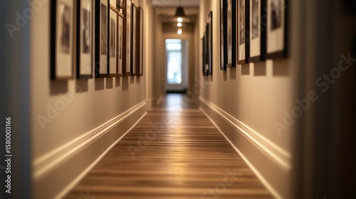 Cozy hallway with warm lighting, framed family photos, decorative mirrors, polished wooden floor, and inviting atmosphere extends into bright, welcoming background