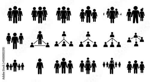 Set of black and white people icons representing groups, relationships and leadership structures for various business concepts.