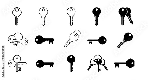 Collection of key illustrations offers security and access concepts in black and white, ideal for design elements.