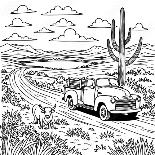 Majestic Texas Landscape Painting: Sun-Scorched Plains, Wildflower Fields & Lone Cypress Tree by Turquoise Lake – Vintage Pickup Truck on Dusty Road with Longhorn Cattle Under Vivid Blue Sky