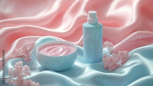 Light blue cosmetic bottle and bowl with pink cream on a silk backdrop.