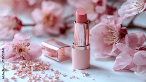 A delicate pink lipstick surrounded by cherry blossoms.