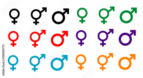 Gender symbols in vibrant colors representing male, female, and inclusivity on a clean white background.