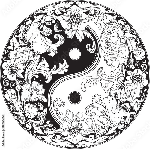 Yin Yang Symbol with Floral Paisley Pattern and Vintage Ornate Design