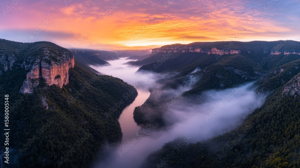 Obraz premium Serene fogcovered valley with winding river, towering pine trees, and vibrant sunset sky creating a tranquil, mysterious landscape viewed from a high angle