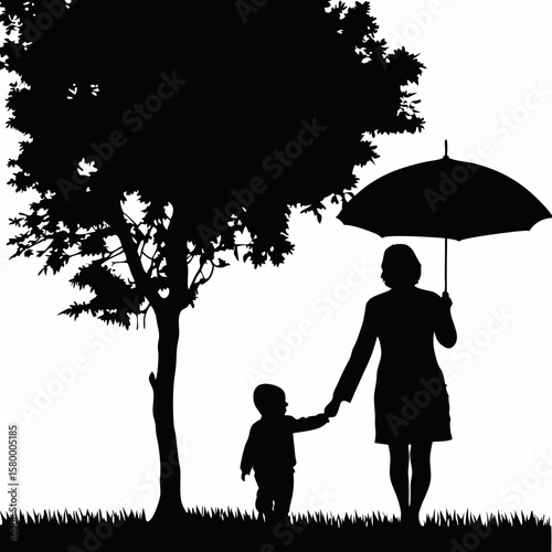 A Mother Holding Her Child's Hand Beneath an Umbrella Beside a Tree, Embodying Protection, Patience, and the Quiet Strength of Parenthood