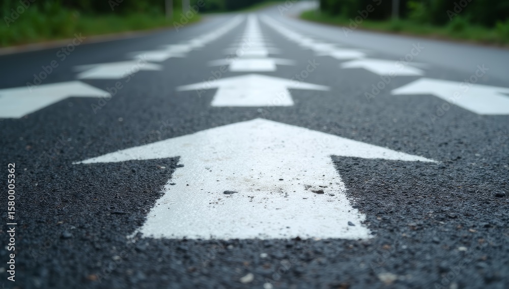 Obraz premium Asphalt Road Symbolism, Long, asphalted road with upward arrows. Symbolizes growth, development, success.Ideal for themes of progress, ambition, and continuous improvement.