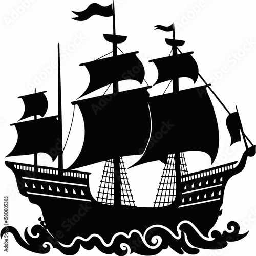 A Majestic Tall Ship With Billowing Sails Navigating the Restless Ocean Waves, Echoing the Age of Exploration and Seafaring Legends of the High Seas

