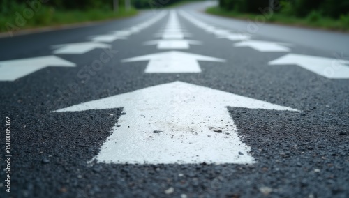 Wallpaper Mural Asphalt Road Symbolism, Long, asphalted road with upward arrows. Symbolizes growth, development, success.Ideal for themes of progress, ambition, and continuous improvement. Torontodigital.ca