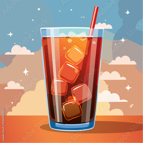 refreshing glass of cola with ice cubes and sparkling bubbles