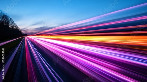 Dynamic neon light trails with vibrant pink purple and yellow streaks creating a sense of speed and motion against a dark background, captured with long exposure from a low angle