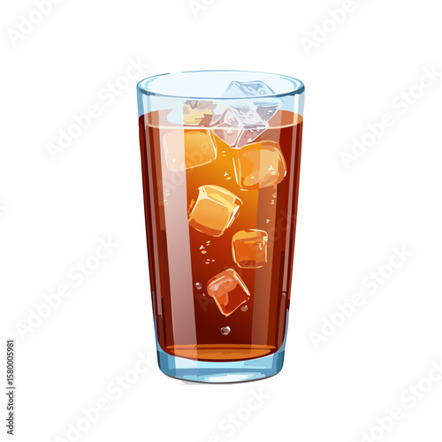 refreshing glass of cola with ice cubes and sparkling bubbles