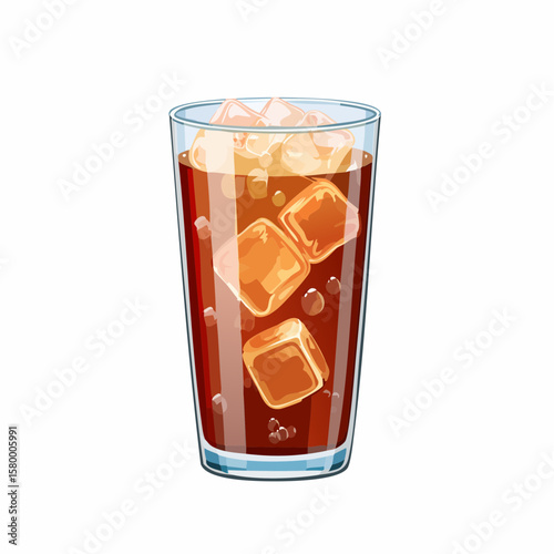 refreshing glass of cola with ice cubes and sparkling bubbles
