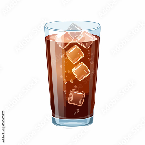 refreshing glass of cola with ice cubes and sparkling bubbles