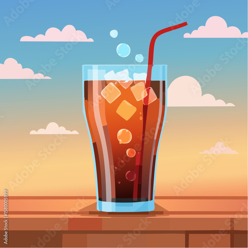 refreshing glass of cola with ice cubes and sparkling bubbles