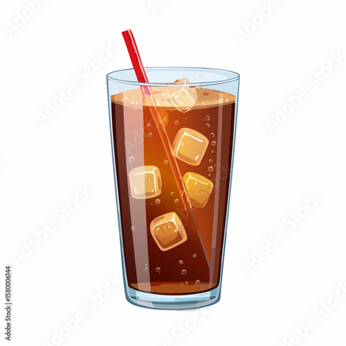 refreshing glass of cola with ice cubes and sparkling bubbles