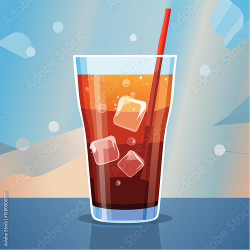 refreshing glass of cola with ice cubes and sparkling bubbles