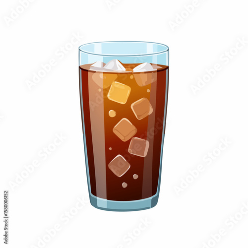 refreshing glass of cola with ice cubes and sparkling bubbles
