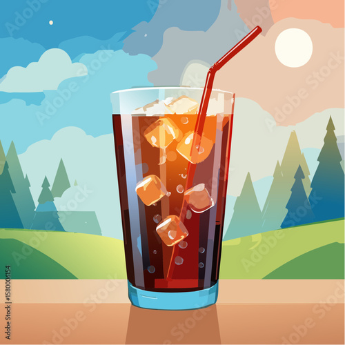 refreshing glass of cola with ice cubes and sparkling bubbles