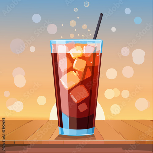 refreshing glass of cola with ice cubes and sparkling bubbles