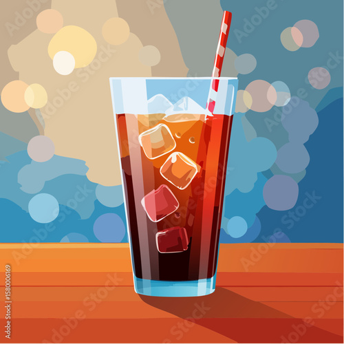 refreshing glass of cola with ice cubes and sparkling bubbles