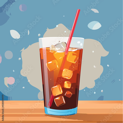 refreshing glass of cola with ice cubes and sparkling bubbles