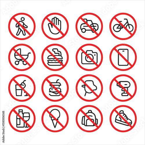 Prohibition signs illustration: a visually organized collection of illustrated circular symbols indicating restrictions, ensuring clarity and compliance in public spaces.