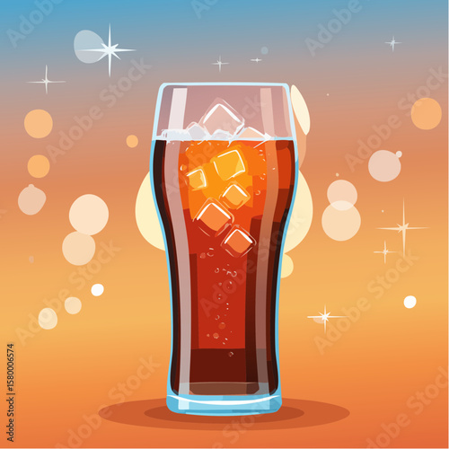 refreshing glass of cola with ice cubes and sparkling bubbles