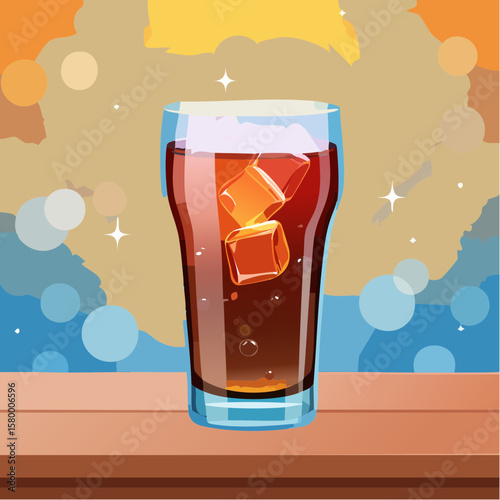 refreshing glass of cola with ice cubes and sparkling bubbles