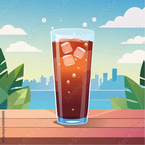 refreshing glass of cola with ice cubes and sparkling bubbles