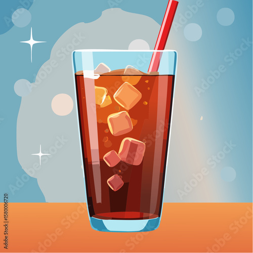 refreshing glass of cola with ice cubes and sparkling bubbles