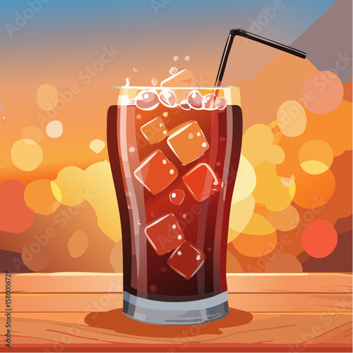 refreshing glass of cola with ice cubes and sparkling bubbles