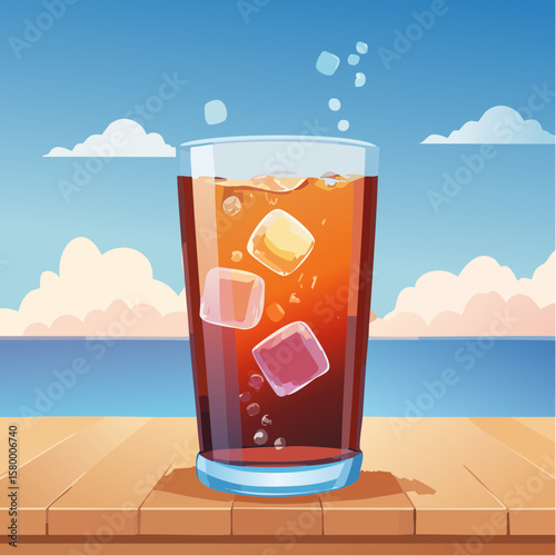 refreshing glass of cola with ice cubes and sparkling bubbles