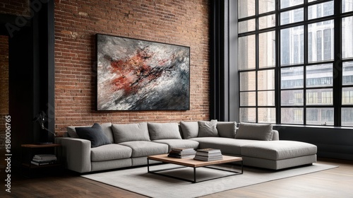 Modern industrial living room with gray sectional sofa, abstract wall art, large windows letting in natural light, cozy yet contemporary ambiance