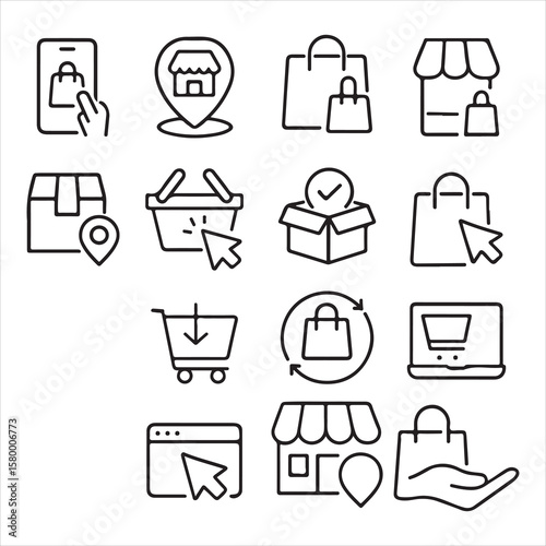 E-commerce Icon Collection: A diverse collection of e-commerce icons, each meticulously crafted to represent the facets of online retail and shopping, from mobile transactions to product delivery.