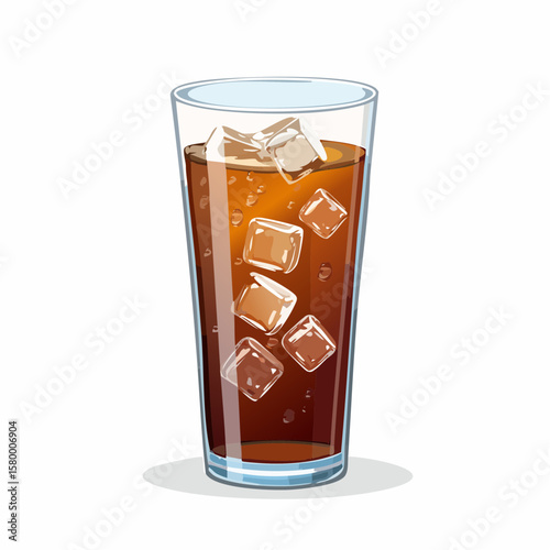 refreshing glass of cola with ice cubes and sparkling bubbles